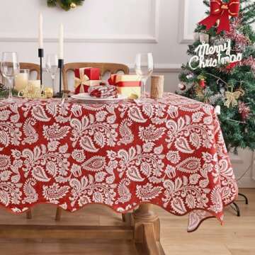 EHouseHome Boho Fabric Tablecloth with Scalloped Border, Water Resistant Spill Proof Floral Table Co...