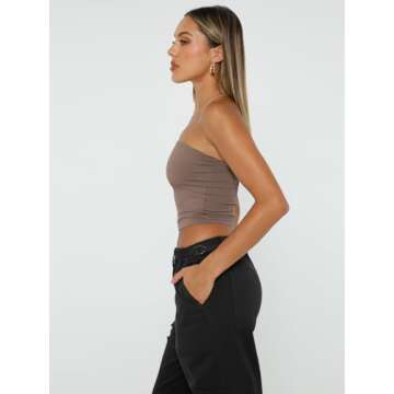 Trendy Queen Womens Tube Tops Strapless Crop Tops Basic Backless Sleeveless Bandeau Going Out Cute 2025 Summer Outfits Coffee Grey XS