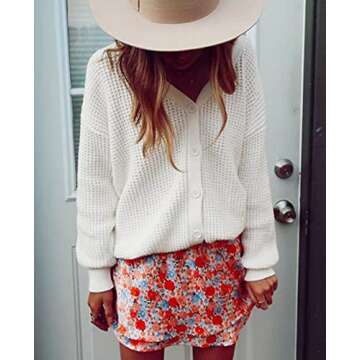 QUALFORT Women's Cardigan Sweater 100% Cotton Button-Down Long Sleeve Oversized Knit Outerwear Off White Large