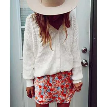 QUALFORT Women's Cardigan Sweater 100% Cotton Button-Down Long Sleeve Oversized Knit Outerwear Off White Large