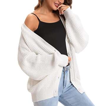 QUALFORT Women's Cardigan Sweater 100% Cotton Button-Down Long Sleeve Oversized Knit Outerwear Off White Large