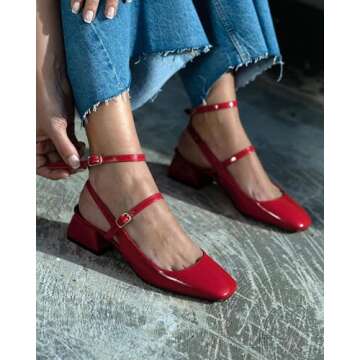 Coutgo Womens Mary Jane Chunky Low Heels Closed Square Toe Ankle Strap Pumps Wedding Party Dress Sho...