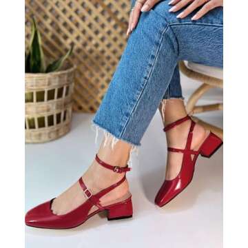 Coutgo Womens Mary Jane Chunky Low Heels Closed Square Toe Ankle Strap Pumps Wedding Party Dress Shoes, Red, Size 8