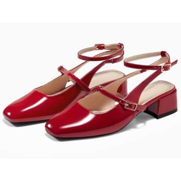 Coutgo Womens Mary Jane Chunky Low Heels Closed Square Toe Ankle Strap Pumps Wedding Party Dress Shoes, Red, Size 8