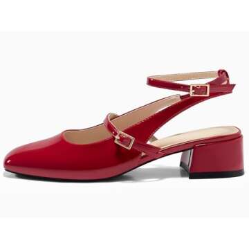 Coutgo Womens Mary Jane Chunky Low Heels Closed Square Toe Ankle Strap Pumps Wedding Party Dress Shoes, Red, Size 8