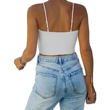 REORIA Women's Summer Sexy Casual Deep Scoop Neck Double Lined Adjustable Spaghetti Strap Cami Camis...