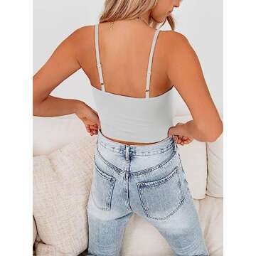 REORIA Women's Summer Sexy Casual Deep Scoop Neck Double Lined Adjustable Spaghetti Strap Cami Camisole Seamless Sleeveless Cropped Tank Top Cute Yoga Crop Tops White Medium