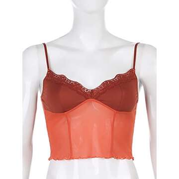 Avanova Womens Lace Patchwork Spaghetti Strap V Neck Lettuce Trim Crop Cami Tops Orange Large