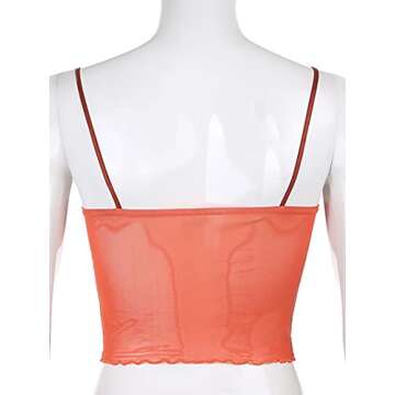 Avanova Womens Lace Patchwork Spaghetti Strap V Neck Lettuce Trim Crop Cami Tops Orange Large
