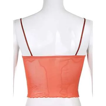 Avanova Womens Lace Patchwork Spaghetti Strap V Neck Lettuce Trim Crop Cami Tops Orange Large