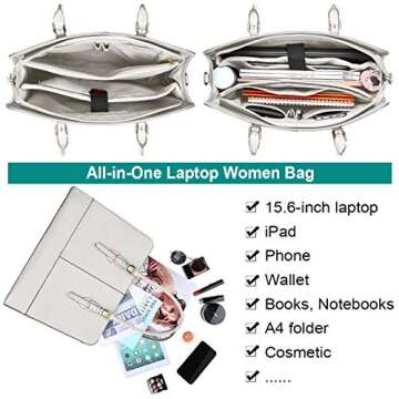 Laptop Bag for Women Leather Work Tote 15.6 Inch Laptop for Computer Bag Waterproof Business Office Professional Large Capacity Handbag Shoulder Bag Beige