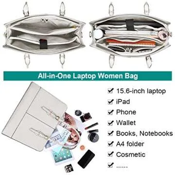 Laptop Bag for Women Leather Work Tote 15.6 Inch Laptop for Computer Bag Waterproof Business Office Professional Large Capacity Handbag Shoulder Bag Beige