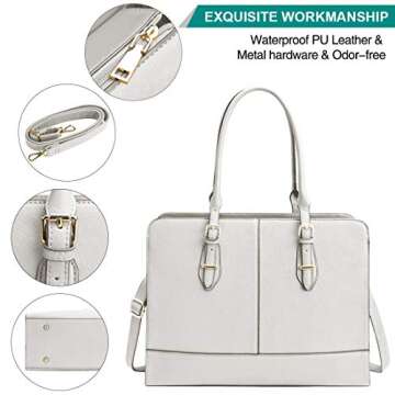 Laptop Bag for Women Leather Work Tote 15.6 Inch Laptop for Computer Bag Waterproof Business Office Professional Large Capacity Handbag Shoulder Bag Beige