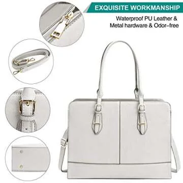 Laptop Bag for Women Leather Work Tote 15.6 Inch Laptop for Computer Bag Waterproof Business Office Professional Large Capacity Handbag Shoulder Bag Beige