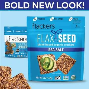 Flackers Organic Sea Salt Flaxseed Crackers, 5 Ounce 12-Pack, Gluten Free, Non GMO, Vegan, Keto Snack, 9g Fiber, 1g Net Carb