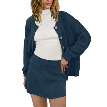 Panadila Womens Sweater Skirt Set 2 Piece Outfits Sweater Skort Set Lounge Cardigan and Knit Skirt Matching Outfits(Navy,S)