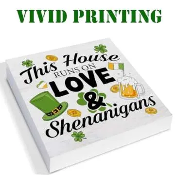 St. Patricks Day Decor This House Runs on Love and Shenanigans Wood Sign St Patricks Day Decorations Home Kitchen Desk Tabletop Shelf Decor 5 x 5 Inches