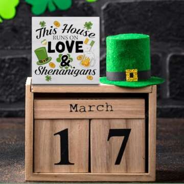 St. Patricks Day Decor This House Runs on Love and Shenanigans Wood Sign St Patricks Day Decorations Home Kitchen Desk Tabletop Shelf Decor 5 x 5 Inches