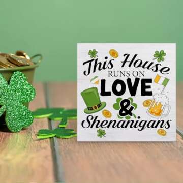 St. Patricks Day Decor This House Runs on Love and Shenanigans Wood Sign St Patricks Day Decorations Home Kitchen Desk Tabletop Shelf Decor 5 x 5 Inches