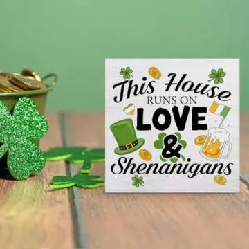 St. Patricks Day Decor This House Runs on Love and Shenanigans Wood Sign St Patricks Day Decorations Home Kitchen Desk Tabletop Shelf Decor 5 x 5 Inches