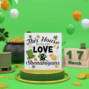 St. Patricks Day Decor This House Runs on Love and Shenanigans Wood Sign St Patricks Day Decorations Home Kitchen Desk Tabletop Shelf Decor 5 x 5 Inches