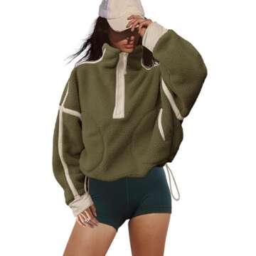 LAMISSCHE Half Zip Sweatshirt Women Oversized Sherpa Jacket V Neck Fleece Pullover Hoodie with Pockets(Army Green,M)