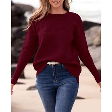 BTFBM Casual Women 2024 Fall Sweater Long Sleeve Ribbed Knit Pullover Loose Crewneck Batwing Split Sweater(Solid Wine Red,Small)