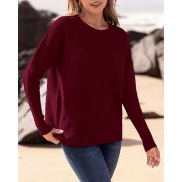 BTFBM Casual Women 2024 Fall Sweater Long Sleeve Ribbed Knit Pullover Loose Crewneck Batwing Split Sweater(Solid Wine Red,Small)