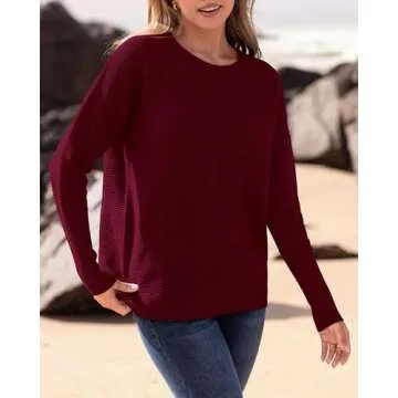 BTFBM Casual Women 2024 Fall Sweater Long Sleeve Ribbed Knit Pullover Loose Crewneck Batwing Split Sweater(Solid Wine Red,Small)