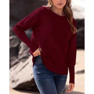 BTFBM Casual Women 2024 Fall Sweater Long Sleeve Ribbed Knit Pullover Loose Crewneck Batwing Split Sweater(Solid Wine Red,Small)