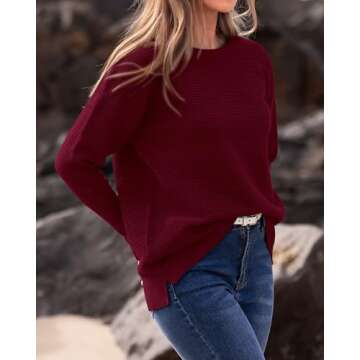 BTFBM Casual Women 2024 Fall Sweater Long Sleeve Ribbed Knit Pullover Loose Crewneck Batwing Split Sweater(Solid Wine Red,Small)