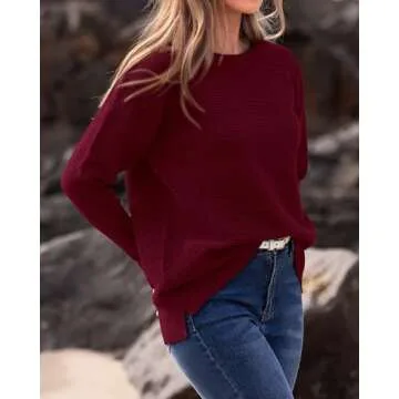 BTFBM Casual Women 2024 Fall Sweater Long Sleeve Ribbed Knit Pullover Loose Crewneck Batwing Split Sweater(Solid Wine Red,Small)