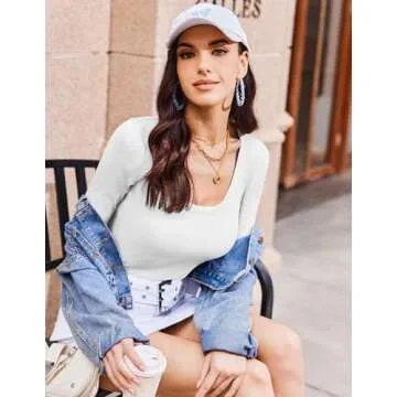 Ekouaer Womens Long Sleeve Shirts Square Neck Slim Fit Basic Tops Ribbed Thermal Undershirts Layering Tee White X-Small