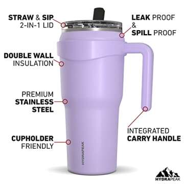 Hydrapeak Roadster 40oz Stainless Steel Tumbler Double Wall Vacuum Insulated Water Bottle With Handle And 2 in 1 Straw Lid (Lavender)