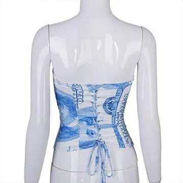 Women Dollar Money Print Corset Bandeau Tube Crop Tops Bustier Criss Cross Lace Up Tank Bra