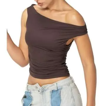 Sunzel Women's Off Shoulder Sleeveless Crop Top, Y2K Trendy Going Out Tank Shirt, Asymmetrical Neckline & Ruched Detail Seal Brown X-Small