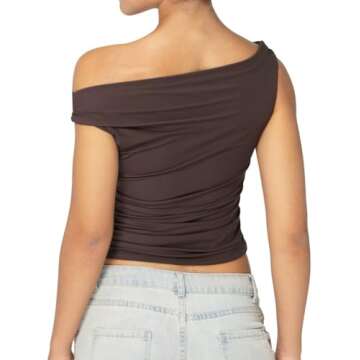 Sunzel Women's Off Shoulder Sleeveless Crop Top, Y2K Trendy Going Out Tank Shirt, Asymmetrical Neckline & Ruched Detail Seal Brown X-Small