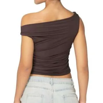 Sunzel Women's Off Shoulder Sleeveless Crop Top, Y2K Trendy Going Out Tank Shirt, Asymmetrical Neckline & Ruched Detail Seal Brown X-Small