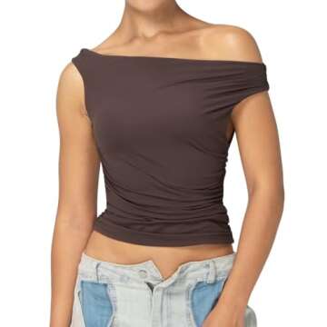 Sunzel Women's Off Shoulder Sleeveless Crop Top, Y2K Trendy Going Out Tank Shirt, Asymmetrical Neckline & Ruched Detail Seal Brown X-Small