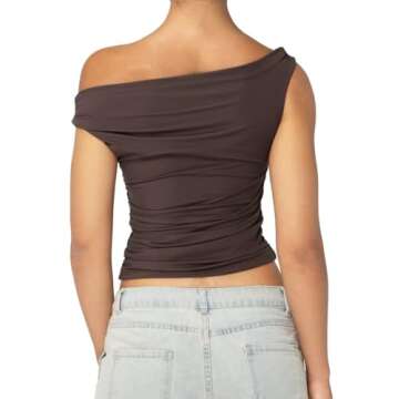 Sunzel Women's Off Shoulder Sleeveless Crop Top, Y2K Trendy Going Out Tank Shirt, Asymmetrical Neckline & Ruched Detail Seal Brown X-Small