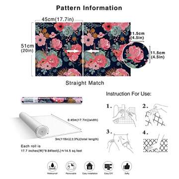 HAOKHOME Peel and Stick Modern Floral Wallpaper Pink/Green/Navy/Orange Vinyl Self Adhesive Contact Paper Decorative 17.7in x 9.8ft