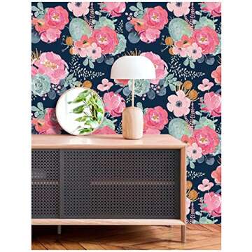 HAOKHOME Peel and Stick Modern Floral Wallpaper Pink/Green/Navy/Orange Vinyl Self Adhesive Contact Paper Decorative 17.7in x 9.8ft
