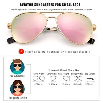 Pro Acme Polarized Aviator Sunglasses for Women Men, Petite Aviator Frame for Small Face Women Junior, 52MM(Gold Frame/Pink Mirrored Lens)