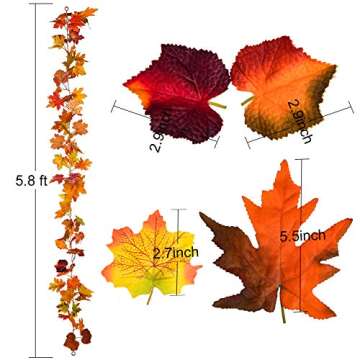 Lvydec 2 Pack Fall Maple Garland - 5.9ft/Piece Artificial Fall Foliage Garland Colorful Autumn Decor for Home Wedding Party (Mixed Color)