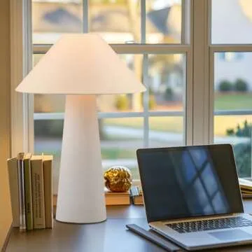 Novogratz x Globe 18" Ceramic Table Lamp, Matte Cream, Off-White Tapered Fabric Shade, in-Line Rocker Switch, 5 Ft. Clear Cord, Home Office, Desk, Living Room