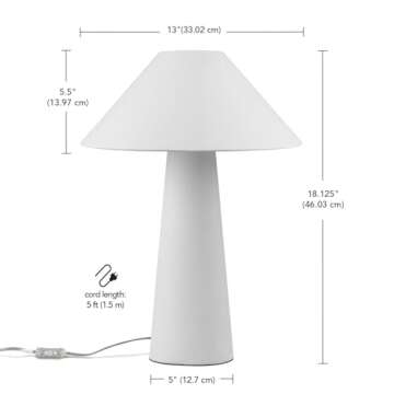 Novogratz x Globe 18" Ceramic Table Lamp, Matte Cream, Off-White Tapered Fabric Shade, in-Line Rocker Switch, 5 Ft. Clear Cord, Home Office, Desk, Living Room