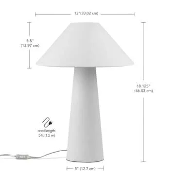 Novogratz x Globe 18" Ceramic Table Lamp, Matte Cream, Off-White Tapered Fabric Shade, in-Line Rocker Switch, 5 Ft. Clear Cord, Home Office, Desk, Living Room