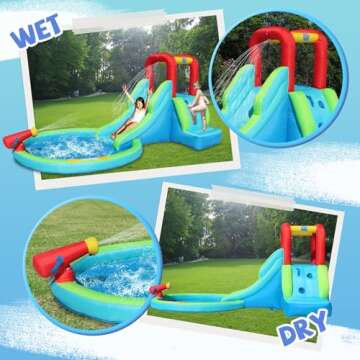 ACTION AIR Inflatable Waterslide, Bounce House with Slide for Wet and Dry, Kids Backyard Waterpark for Summer Fun, Water Gun & Splash Pool for Age 3-6, Love for Kids