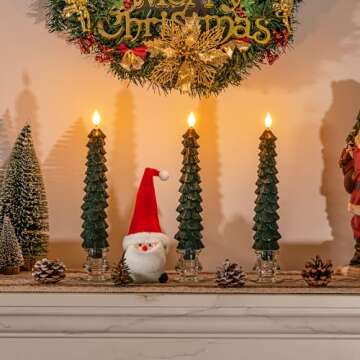 Homemory 3 Pcs Christmas Tree Candles with Remote, Waxy Flameless Taper Candles Flickering, Green LED Candlesticks Battery Operated for New Year Celebration Holiday Decorations 9.7 Inches