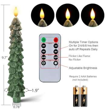 Homemory 3 Pcs Christmas Tree Candles with Remote, Waxy Flameless Taper Candles Flickering, Green LED Candlesticks Battery Operated for New Year Celebration Holiday Decorations 9.7 Inches